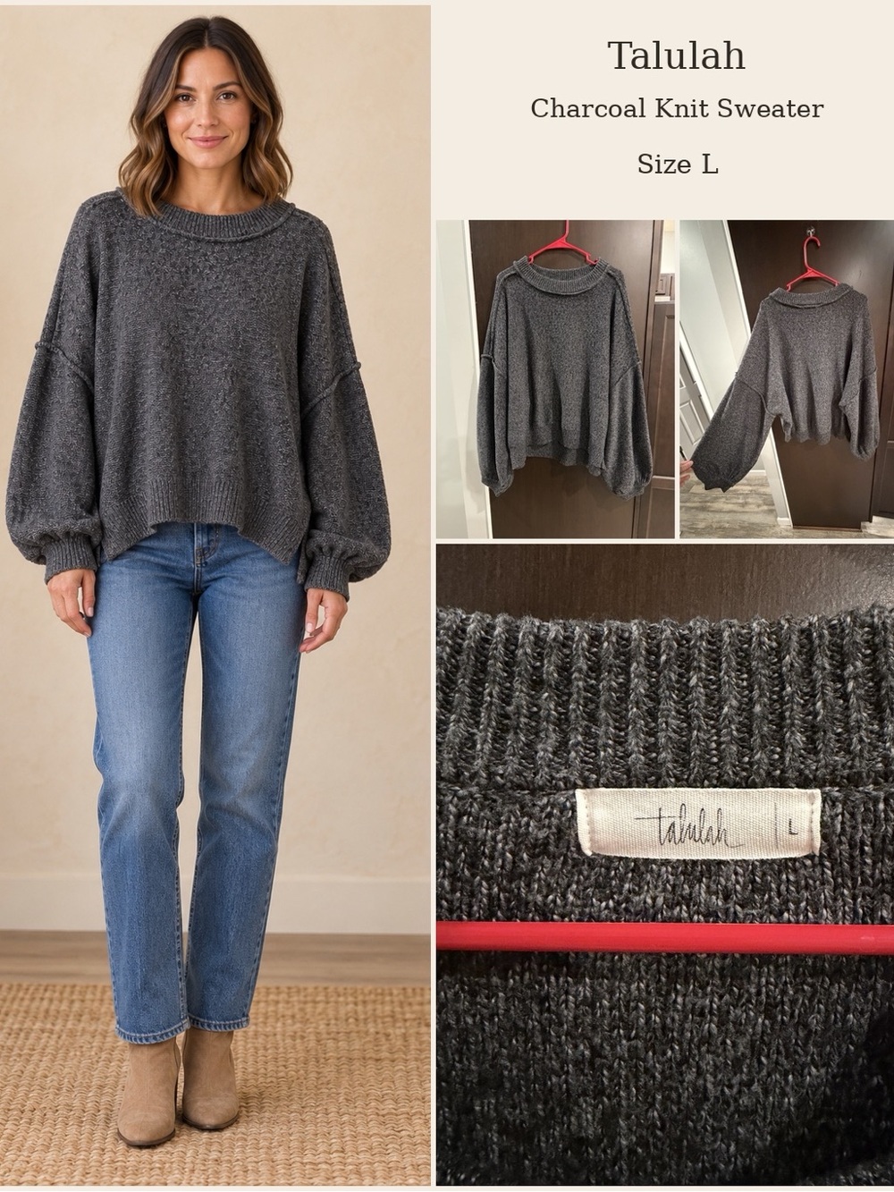 TALULAH Charcoal Balloon-Sleeve Crewneck Sweater